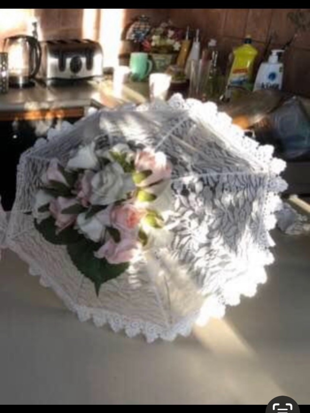Elegant decorative White Lace Parasol with Pink Rose Accents
